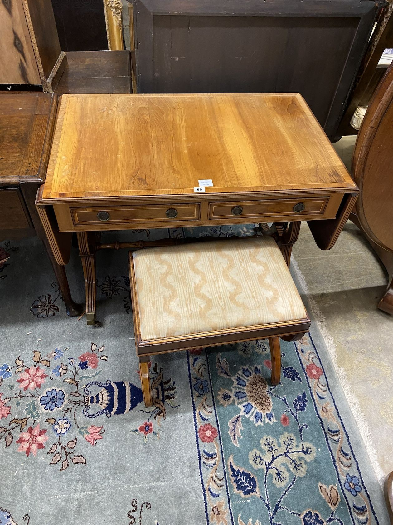 A Regency style yew sofa table, width 95cm, depth 61cm, height 72cm and a reproduction 'X' framed dressing stool